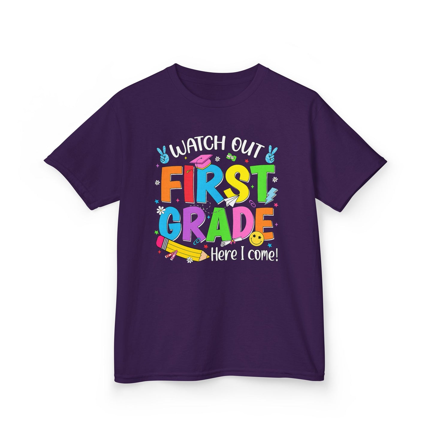 First Grade Kids T‑Shirt — "Watch Out First Grade Here I Come!" Back-to-School Tee