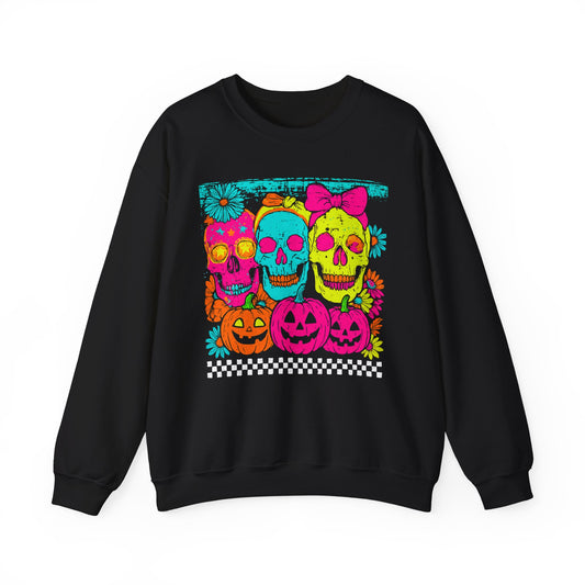 Neon Day of the Dead Sweatshirt — Colorful Skull & Pumpkin Halloween Crewneck - Halloween Sweater - Halloween Sweatshirts- Gifts for Mom