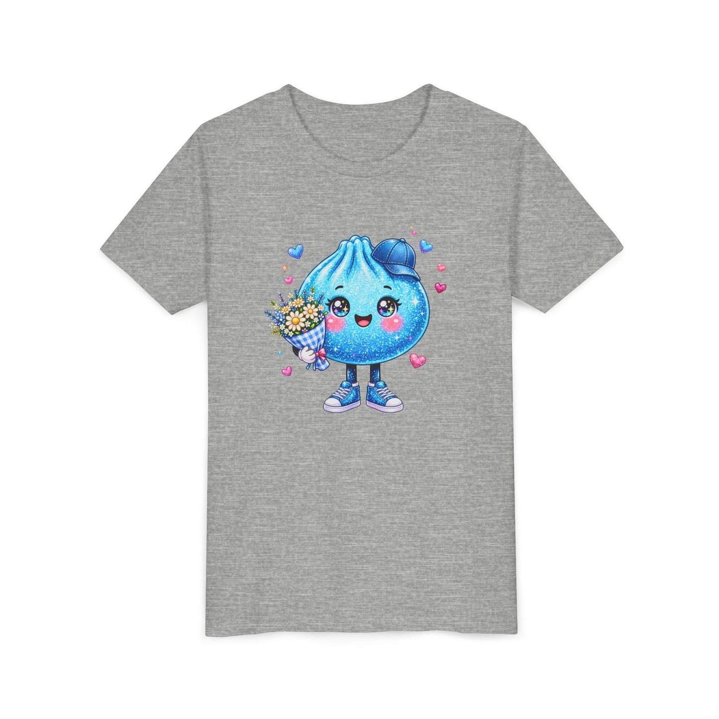 Cute Dumpling Kids Tee - Kawaii Blue Dumpling Holding Flowers Youth Shirt