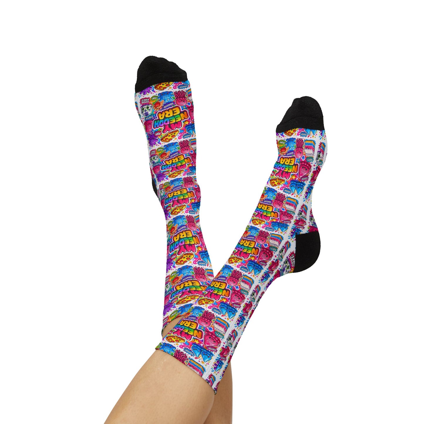 Retro Candy Pop Sublimation Socks — Colorful 90s Neon Pattern Crew Socks