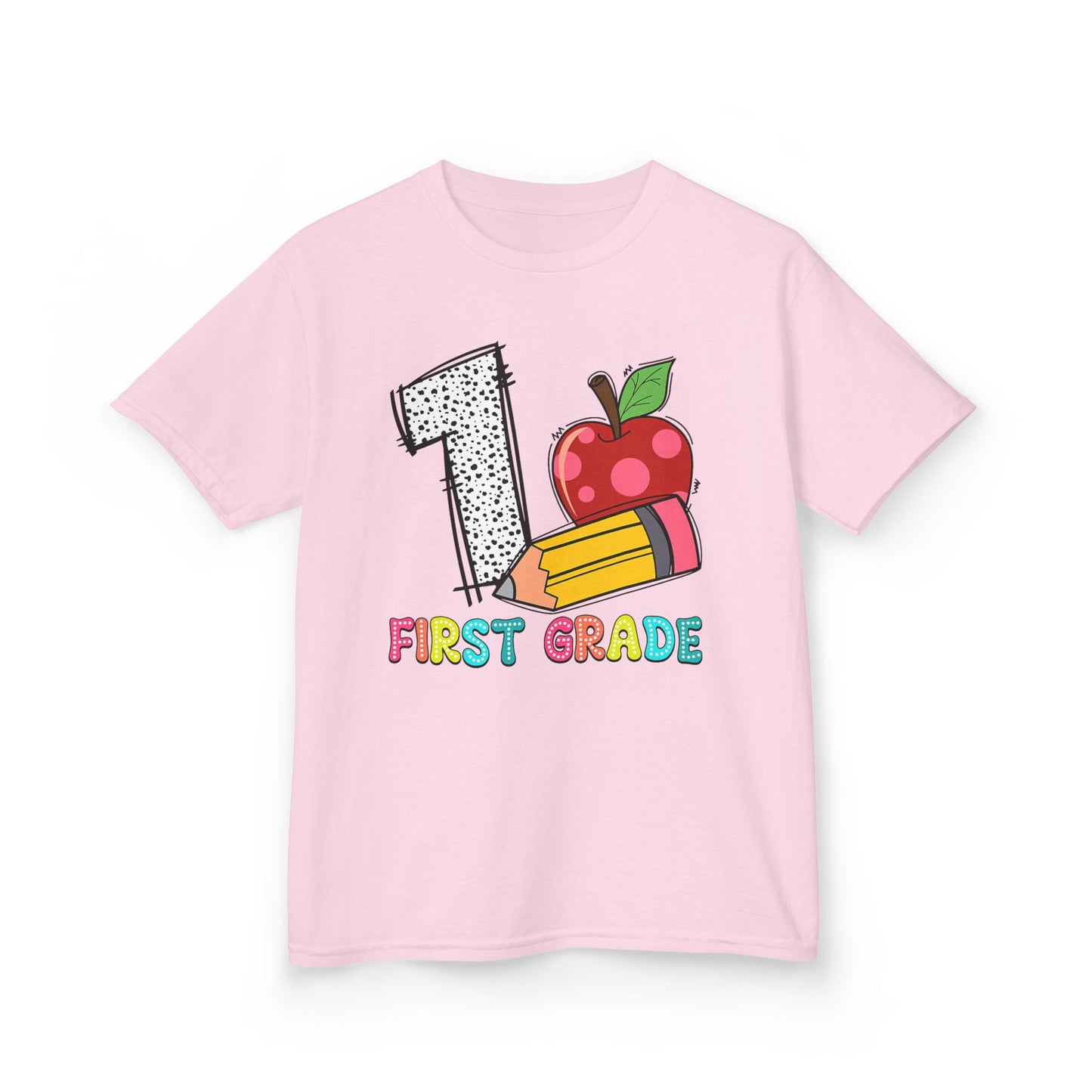 First Grade Kids T‑Shirt — Colorful '1 First Grade' Apple & Pencil Back-to-School Tee