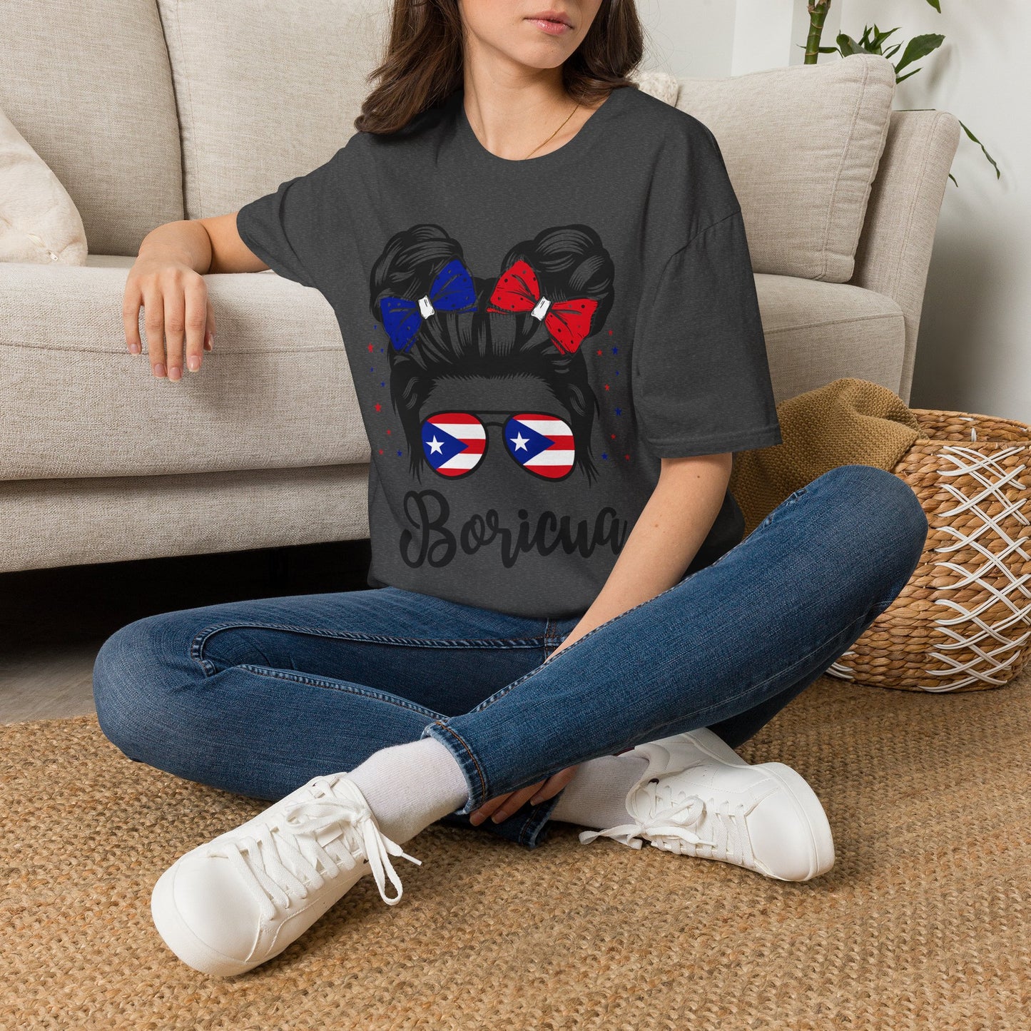 Boricua Messy Bun T-Shirt — Puerto Rican Flag Hair Bows & Sunglasses Pride Tee