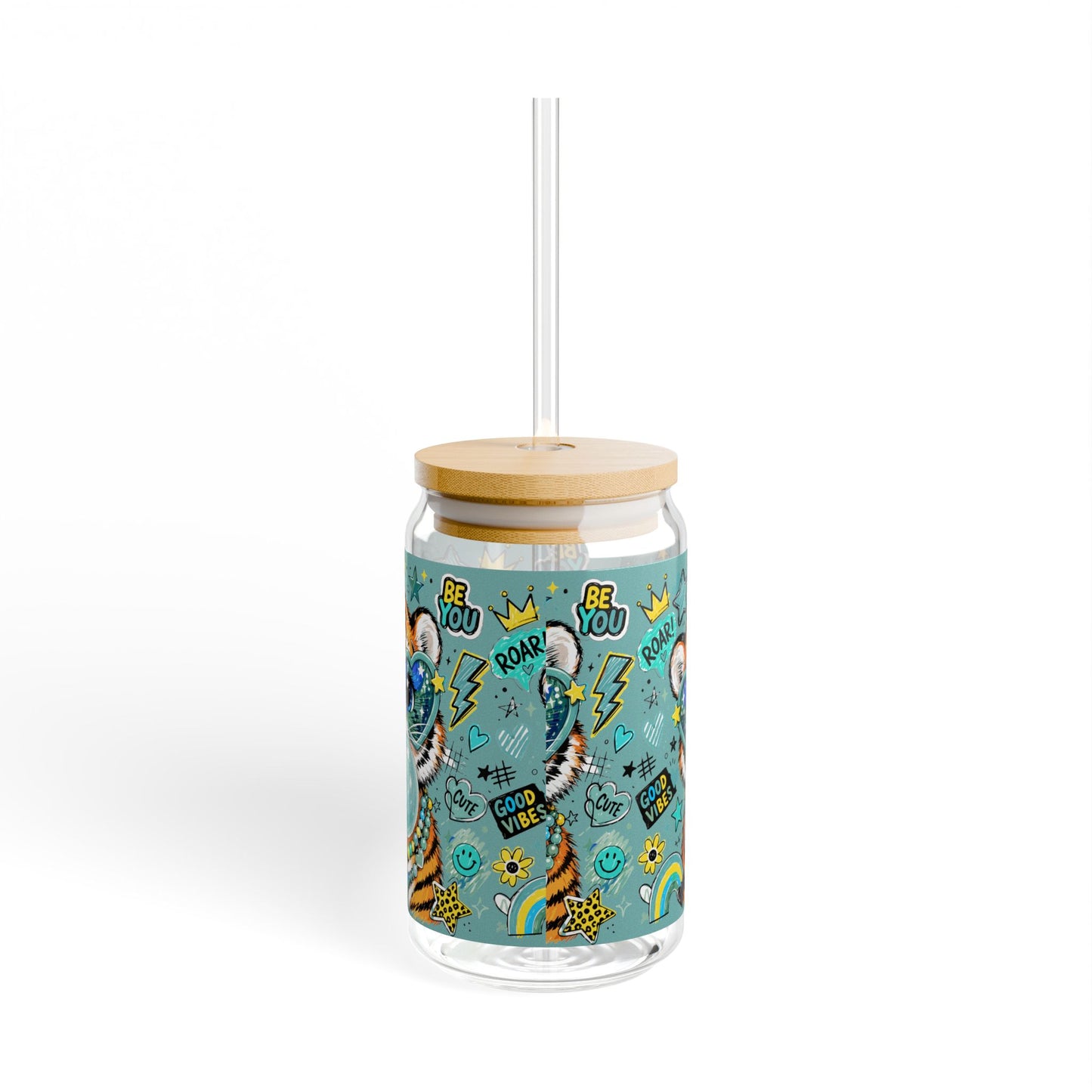 16oz Sipper Glass with Playful Tiger Design — 'Be You' Bubblegum Tumbler with Straw Glass Cup with Straw -