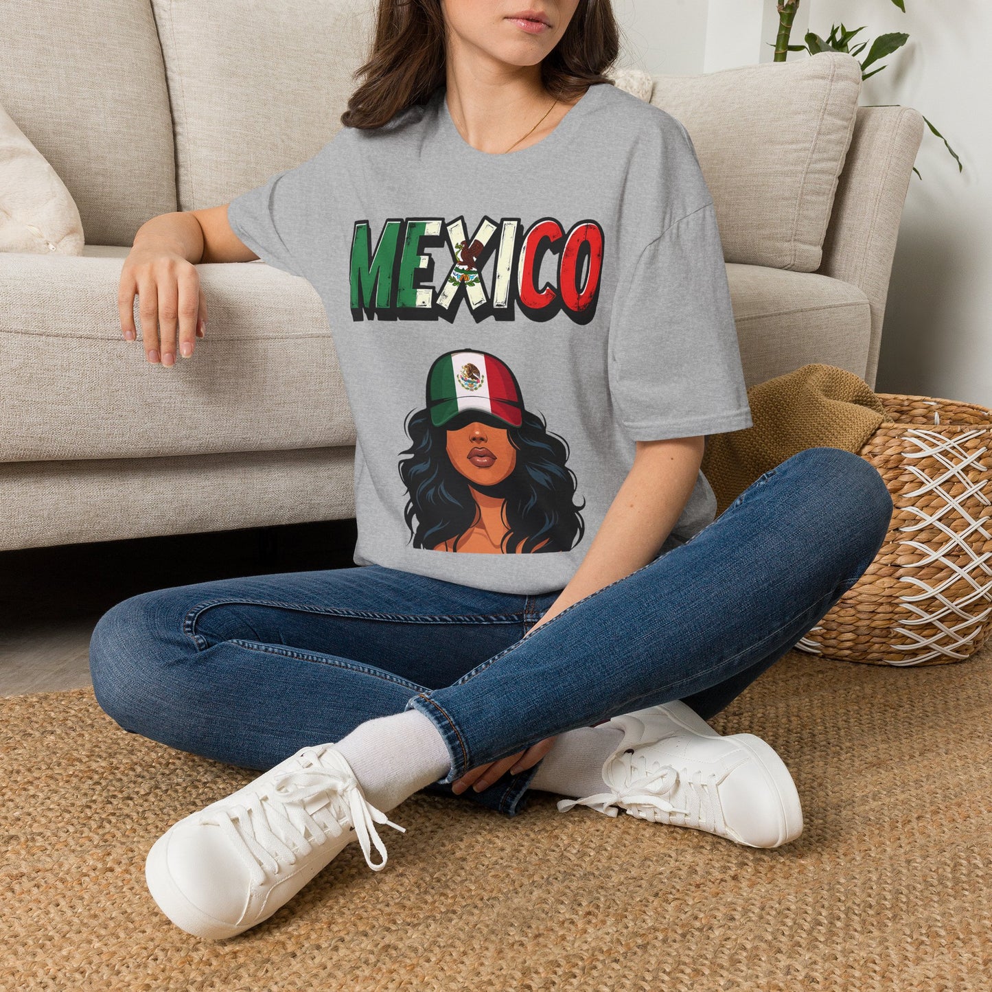 Mexico Flag Graphic T-Shirt — Patriotic Mexican Pride Tee (stylized text & woman with Mexico cap)