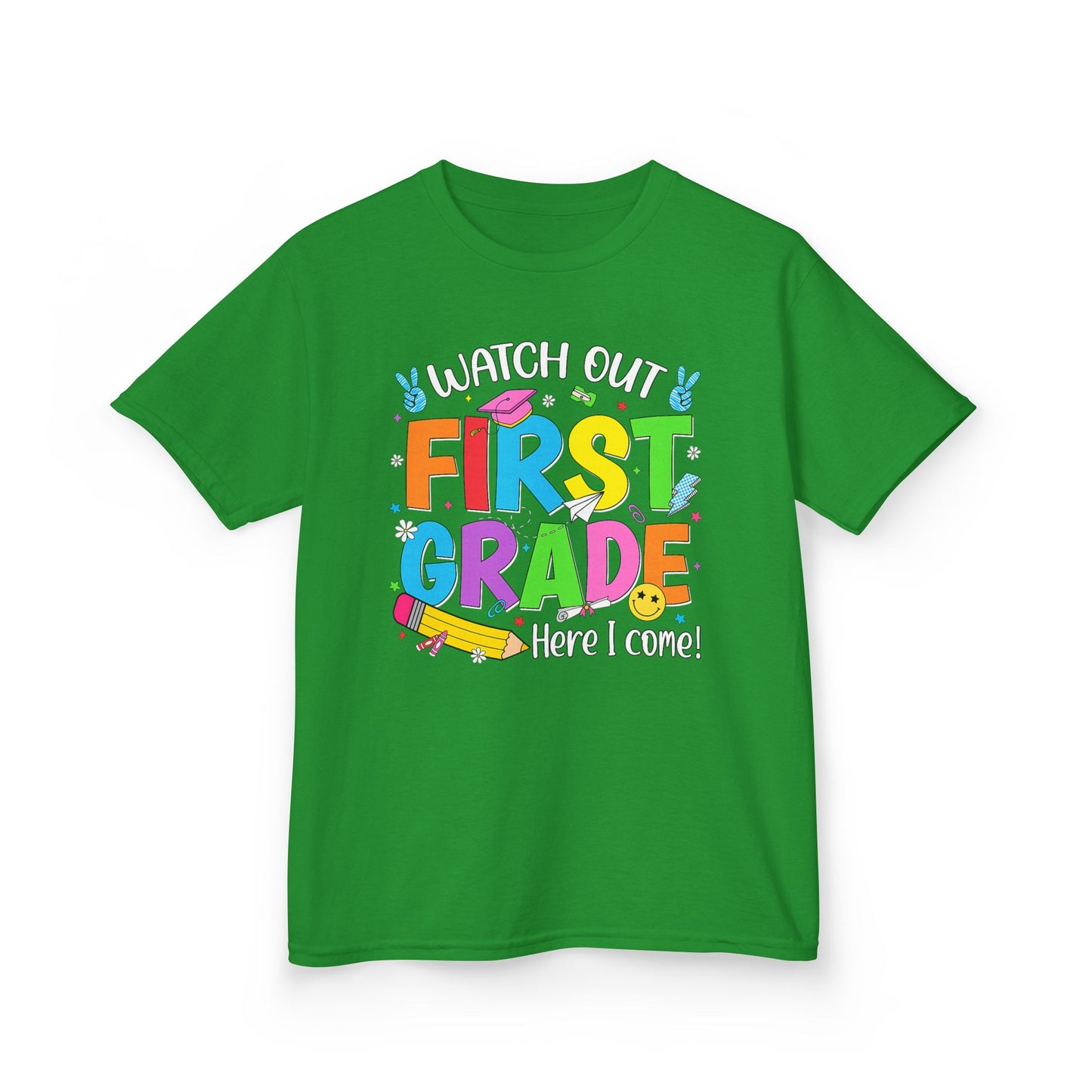 First Grade Kids T‑Shirt — "Watch Out First Grade Here I Come!" Back-to-School Tee