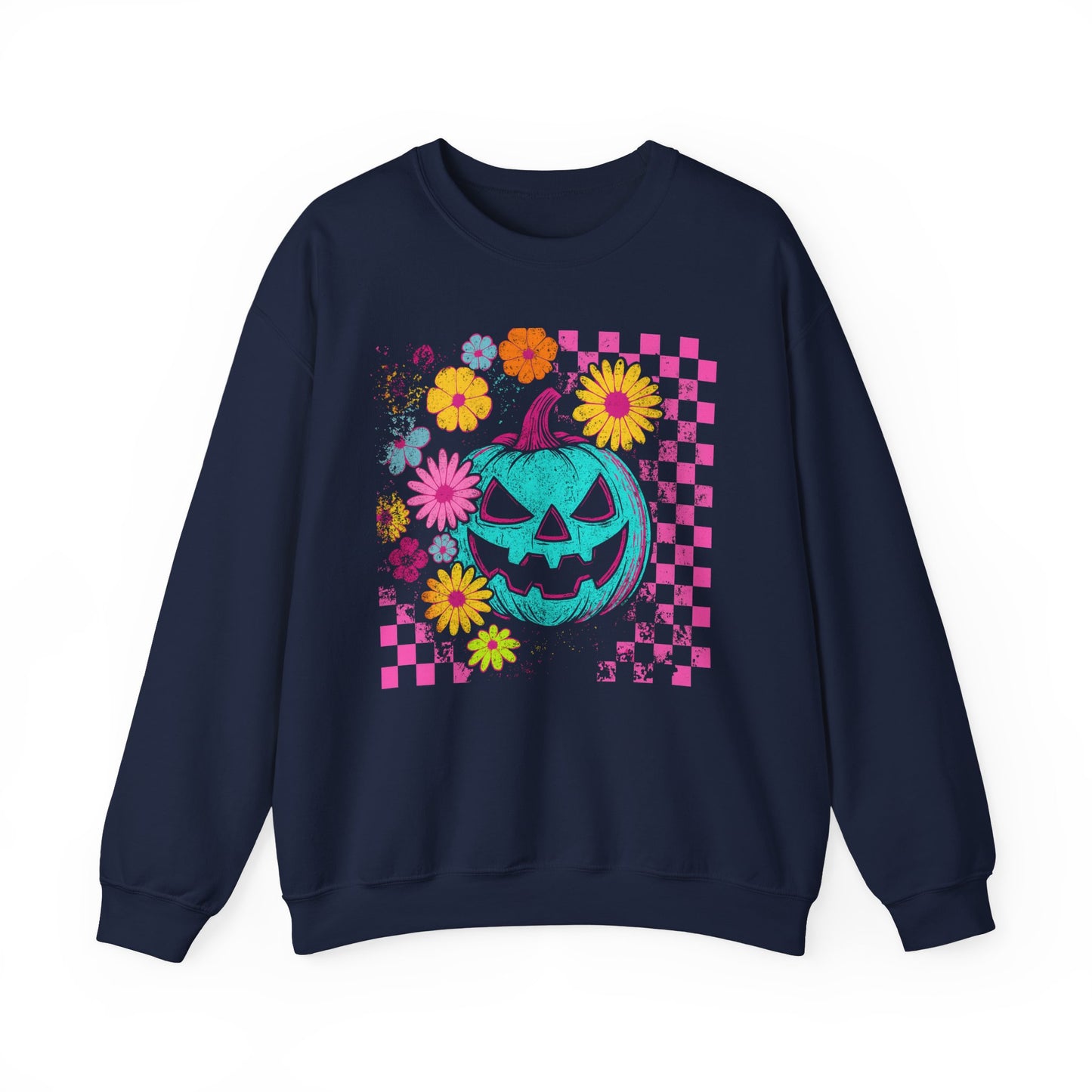 Halloween Pumpkin Crewneck Sweatshirt — Neon Jack-O'-Lantern & Floral Checkerboard - halloween sweatshirt - pumpkin sweatshirt - fall sweater - Halloween Sweater