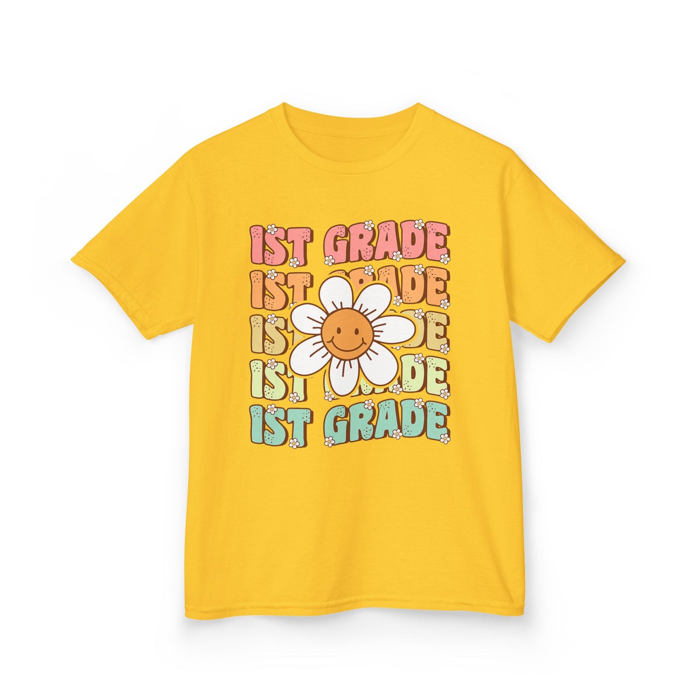 1st Grade Kids T‑Shirt — Cute Smiley Daisy Back-to-School Tee