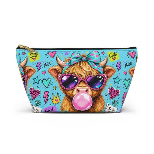 Cute Cow Bubblegum Accessory Pouch — Zippered T‑Bottom Makeup Bag