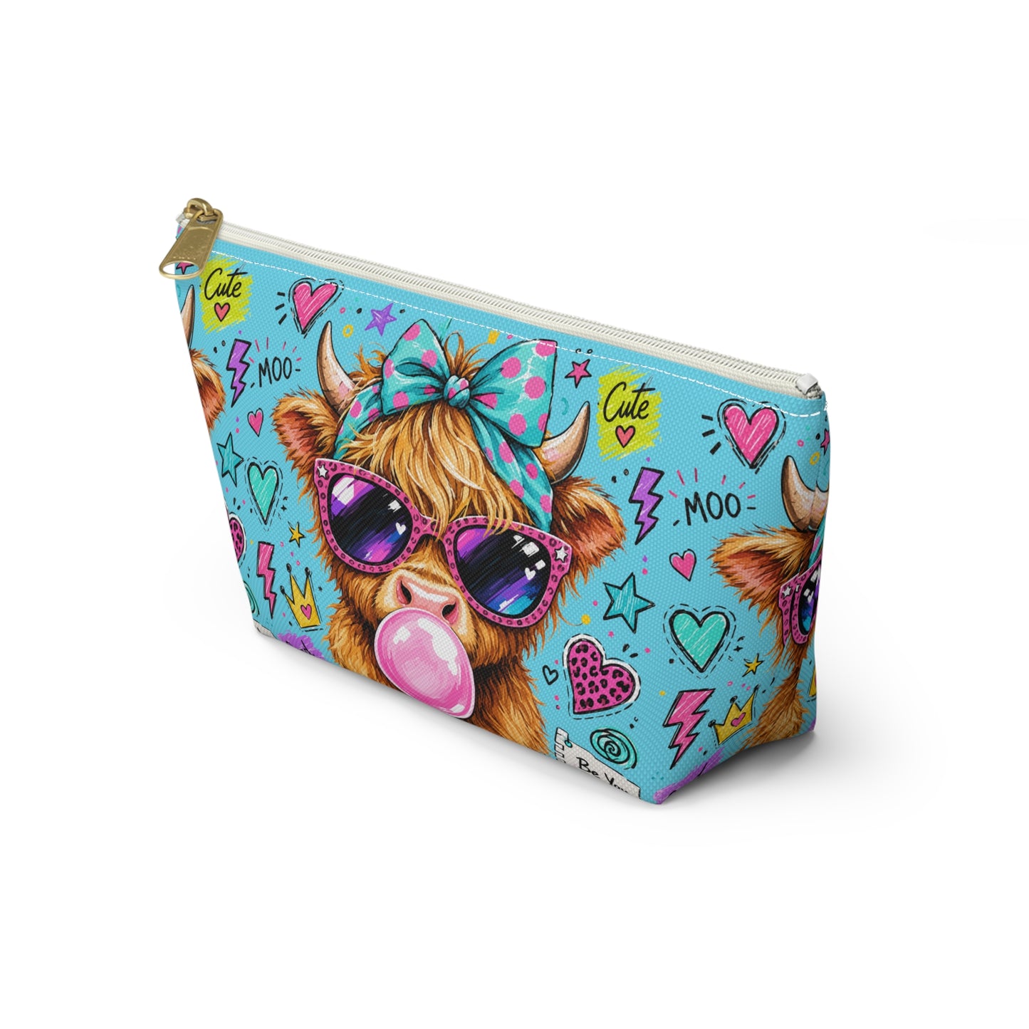 Cute Cow Bubblegum Accessory Pouch — Zippered T‑Bottom Makeup Bag