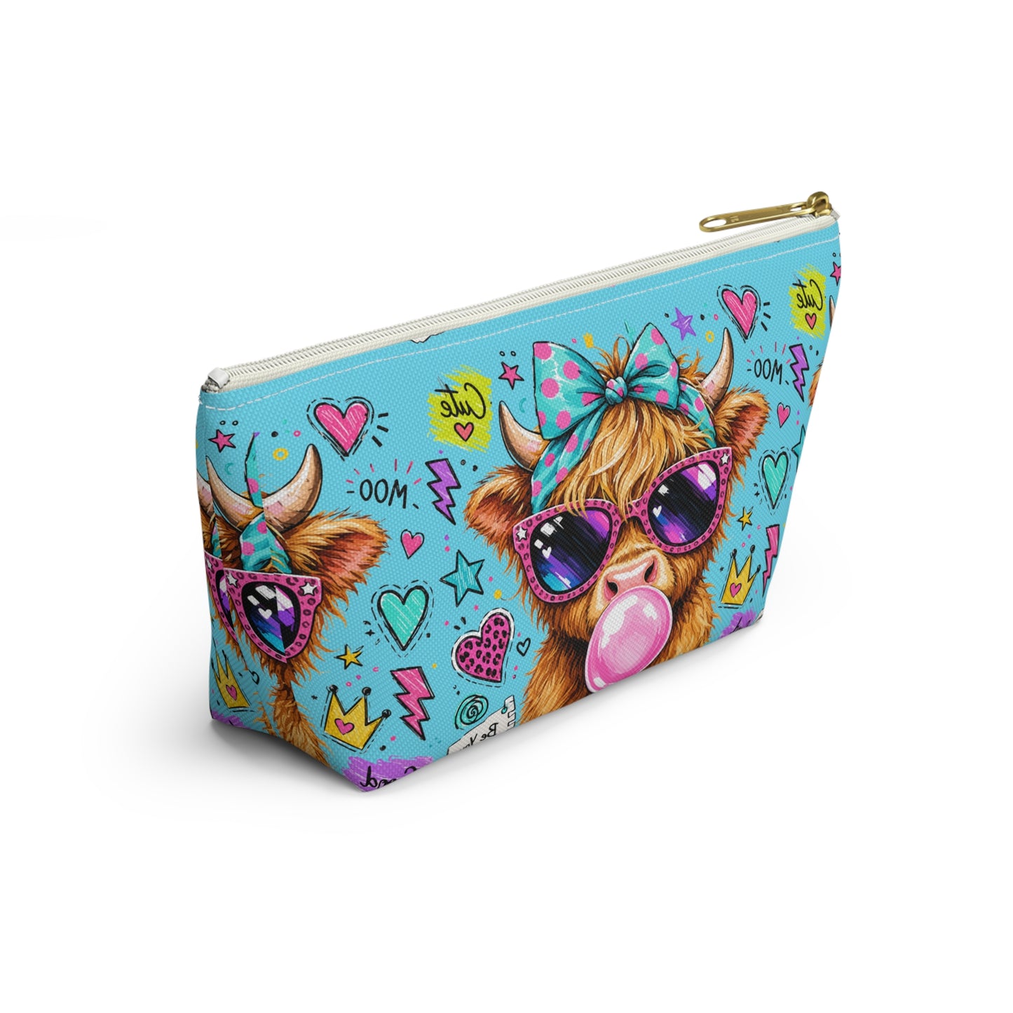 Cute Cow Bubblegum Accessory Pouch — Zippered T‑Bottom Makeup Bag
