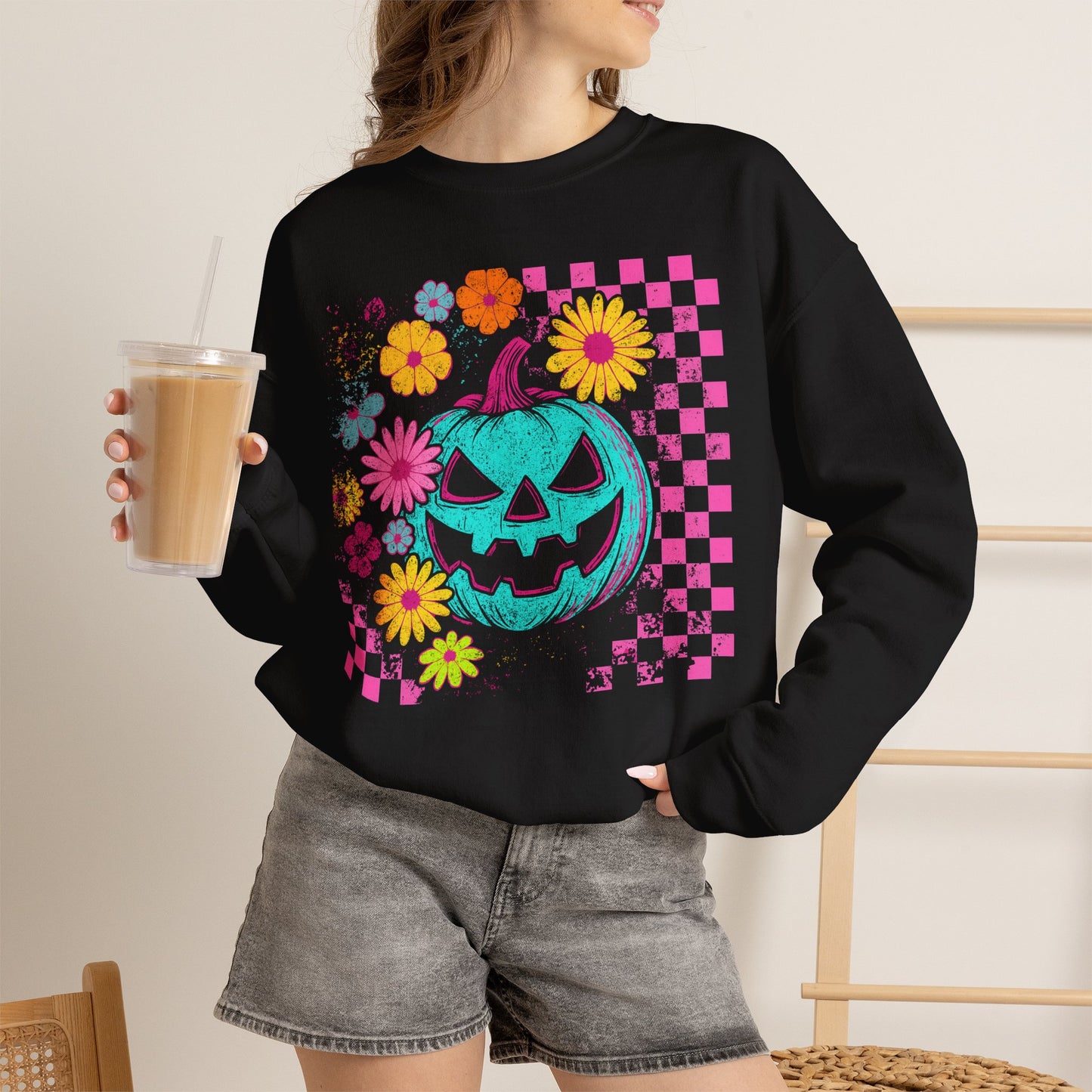 Halloween Pumpkin Crewneck Sweatshirt — Neon Jack-O'-Lantern & Floral Checkerboard - halloween sweatshirt - pumpkin sweatshirt - fall sweater - Halloween Sweater