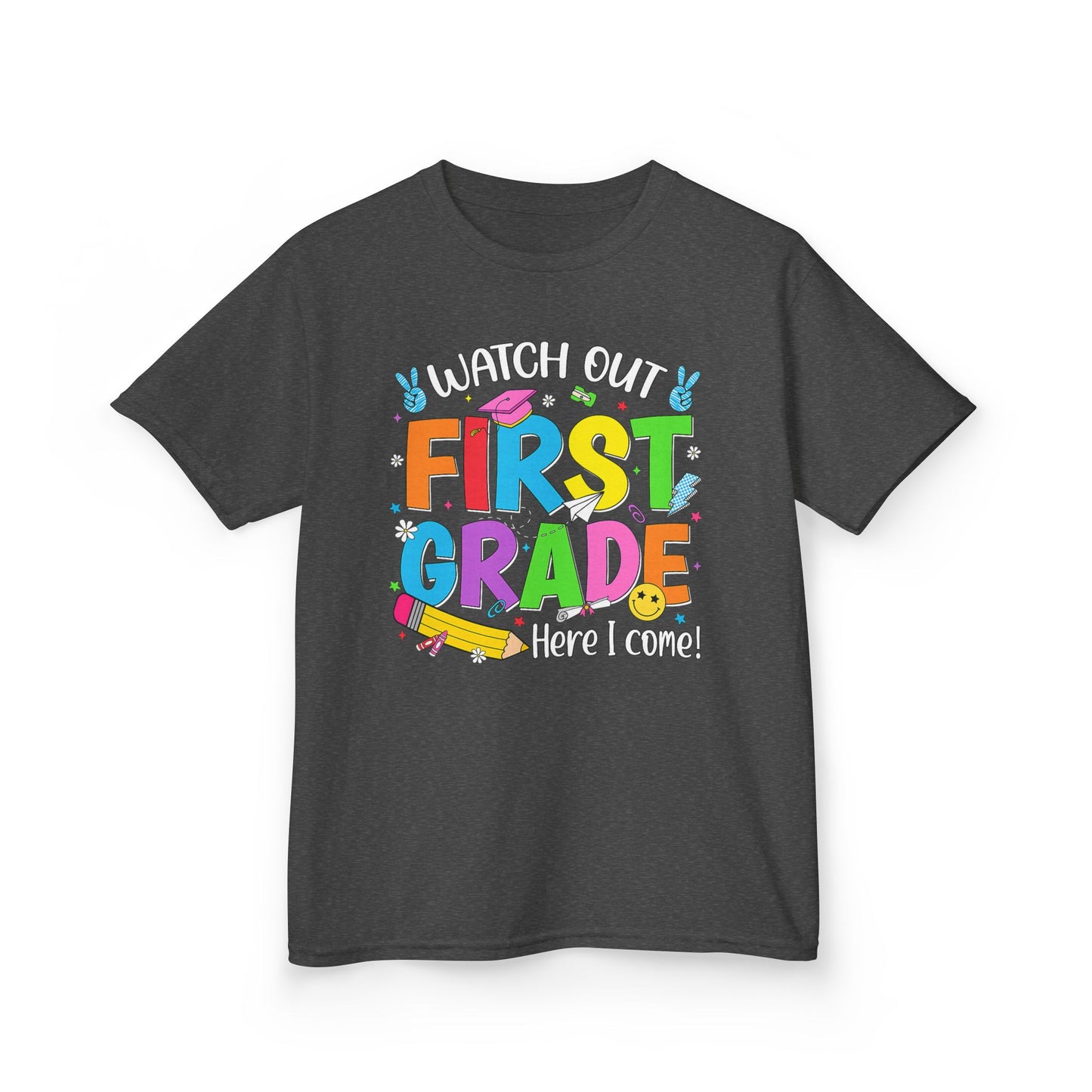 First Grade Kids T‑Shirt — "Watch Out First Grade Here I Come!" Back-to-School Tee