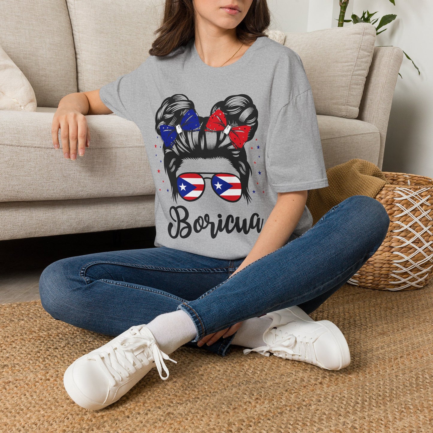 Boricua Messy Bun T-Shirt — Puerto Rican Flag Hair Bows & Sunglasses Pride Tee