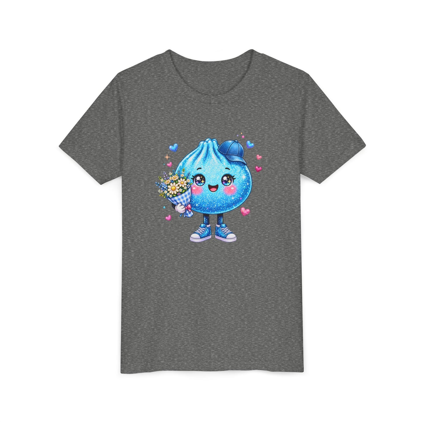 Cute Dumpling Kids Tee - Kawaii Blue Dumpling Holding Flowers Youth Shirt