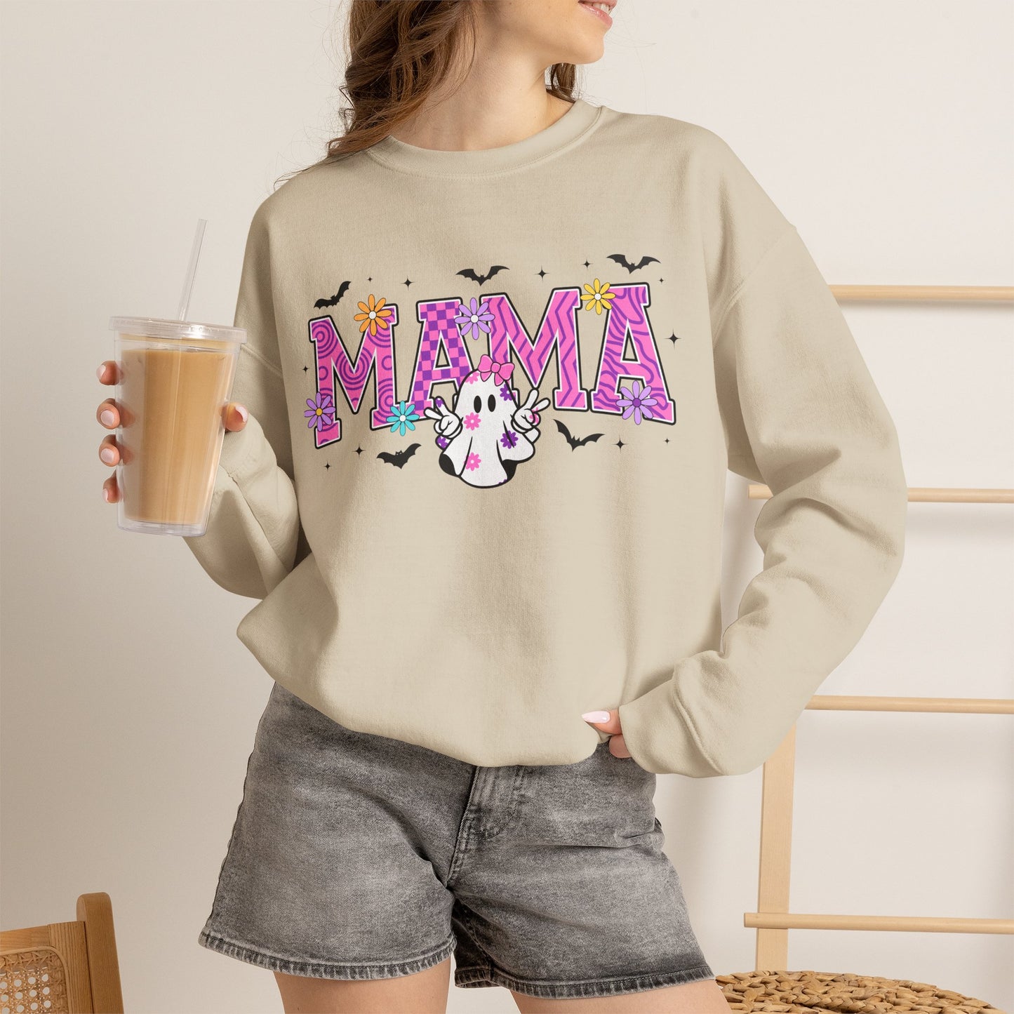 Mama Ghost Crewneck Sweatshirt – Pink Halloween Mom Pullover- Halloween Sweatshirt - Halloween Costume - Mama Sweatshirt - Mama Sweater