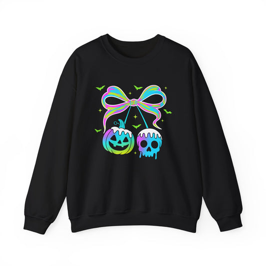 Halloween Candy Bow Sweatshirt — Neon Pumpkin & Skull Graphic- Halloween shirt - halloween sweater - halloween costume - gifts for halloween - halloween shirt