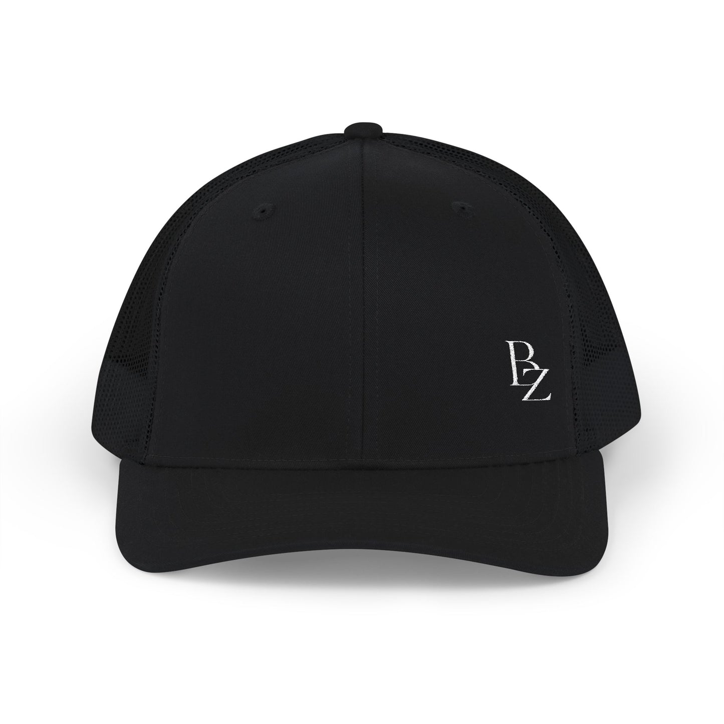 Embroidered 'BZ' Snapback Trucker Cap — Black Front White Mesh Hat