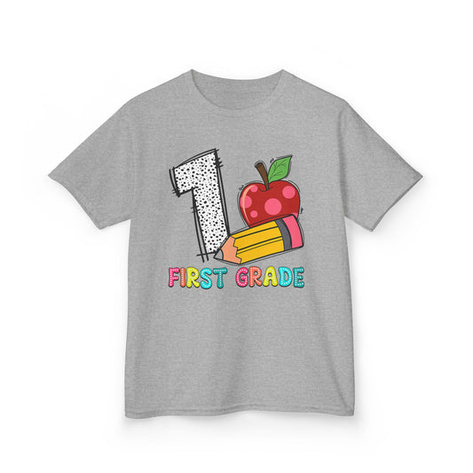 First Grade Kids T‑Shirt — Colorful '1 First Grade' Apple & Pencil Back-to-School Tee