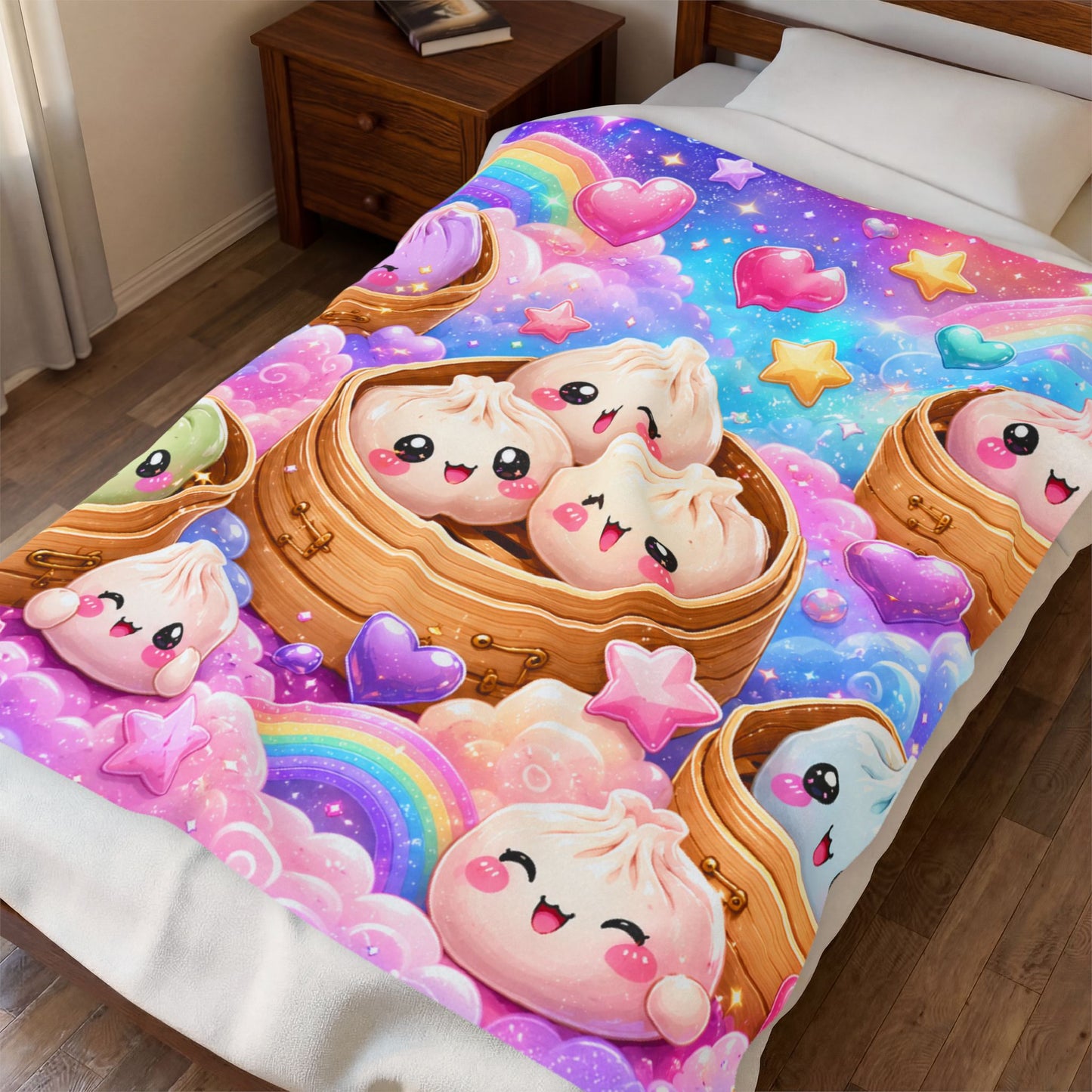 Kawaii Dim Sum Velveteen Plush Blanket — Rainbow Dumpling Throw