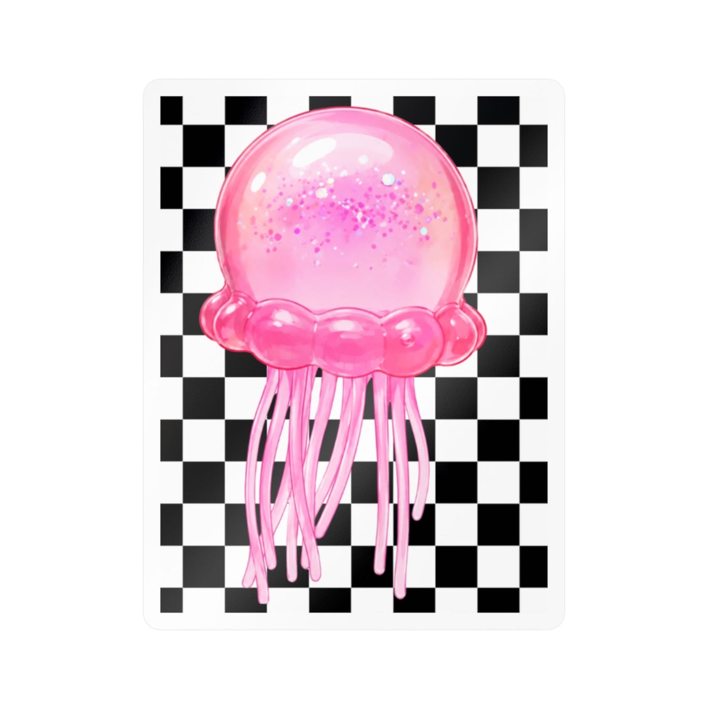 Pink Jellyfish Vinyl Sticker — Glitter Jelly on Black & White Checkered Background (Kiss-Cut Decal) - need stickers - kids squishy sticker