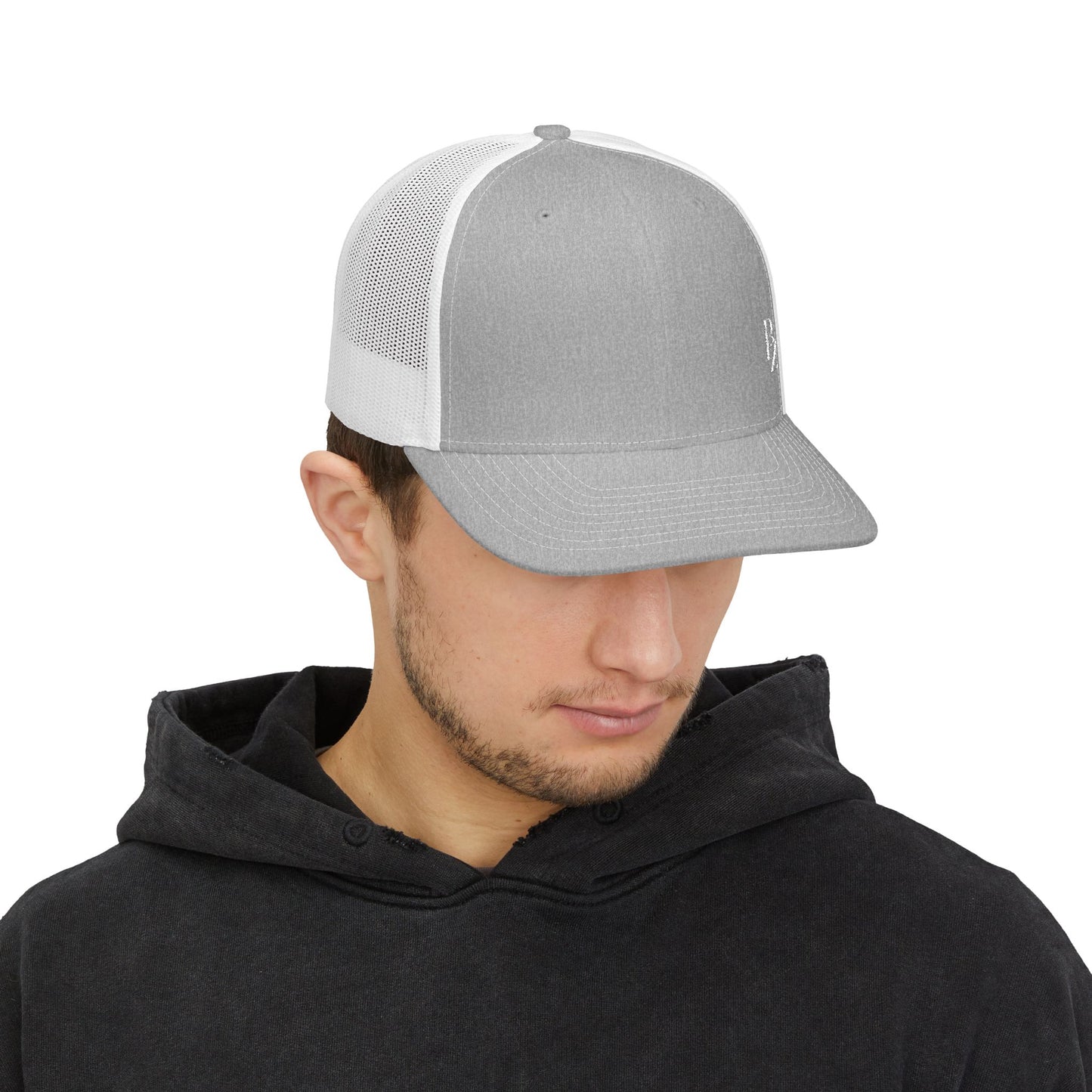Embroidered 'BZ' Snapback Trucker Cap — Black Front White Mesh Hat