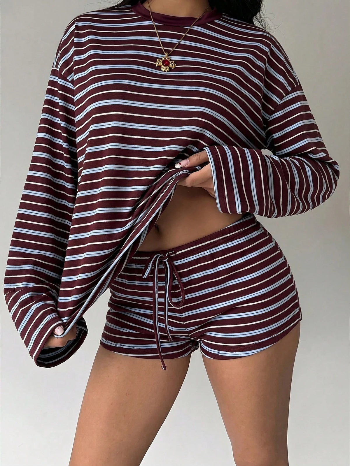 Aloruh Women'S Casual Blue and White Stripe Top and Shorts 2 Pieces Set Lounge Autumn Back-To-School Daytime