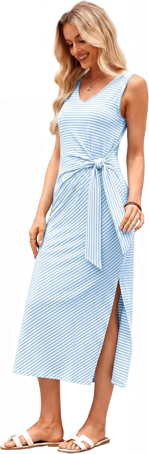 Women’s Sleeveless V-Neck Midi Wrap Dress | Summer Vacation & Resort Dress