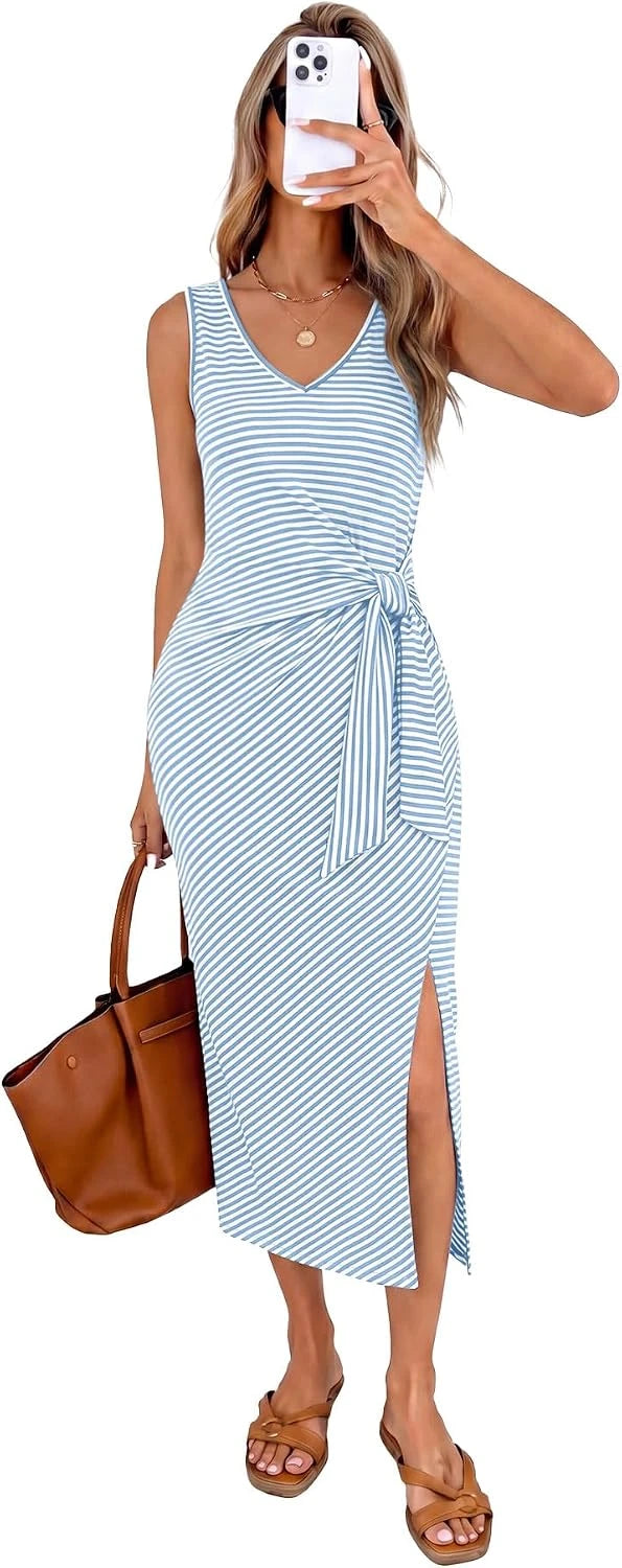 Women’s Sleeveless V-Neck Midi Wrap Dress | Summer Vacation & Resort Dress