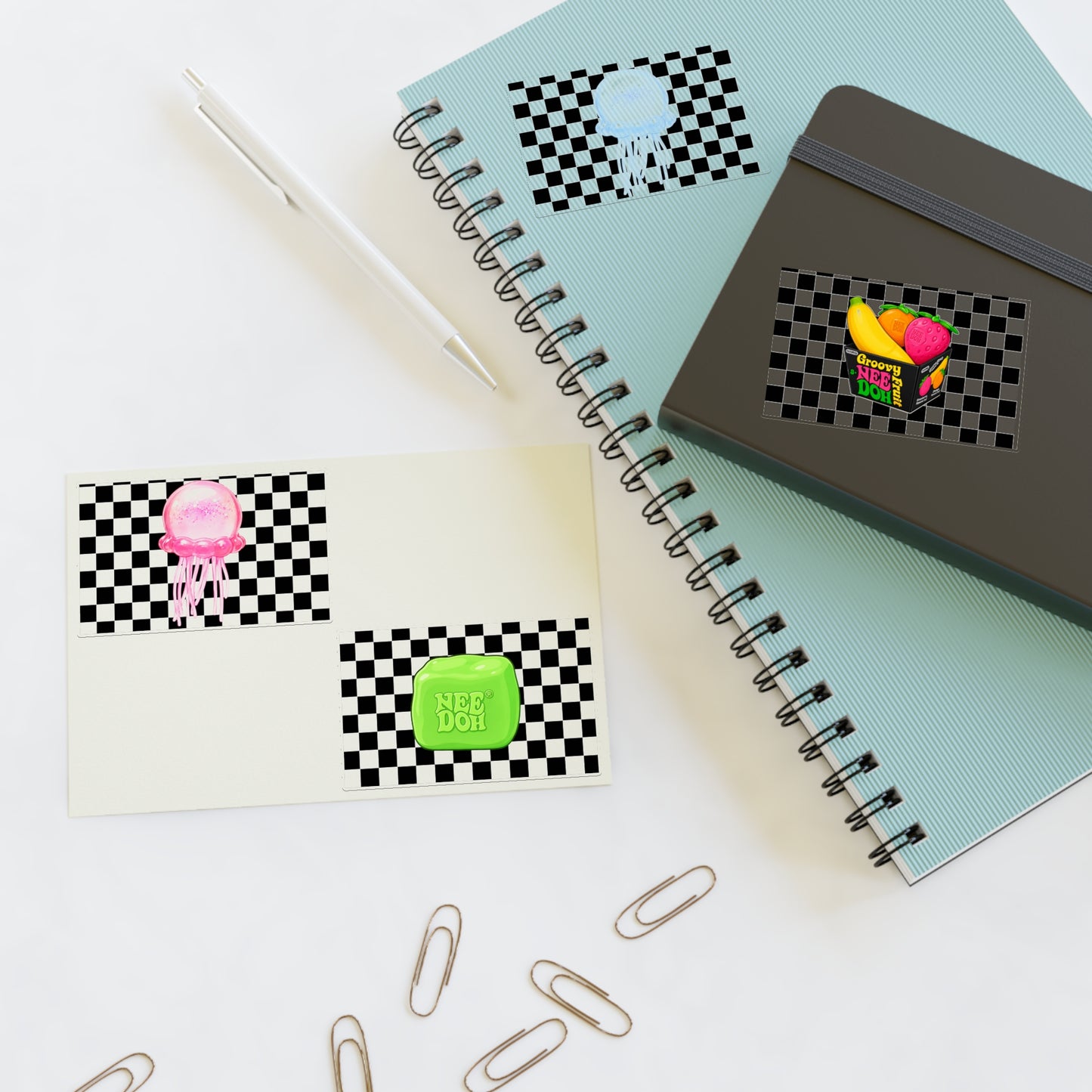 Checkerboard Jellyfish & NeeDoh Sticker Sheet — Retro Cute Decorative Stickers