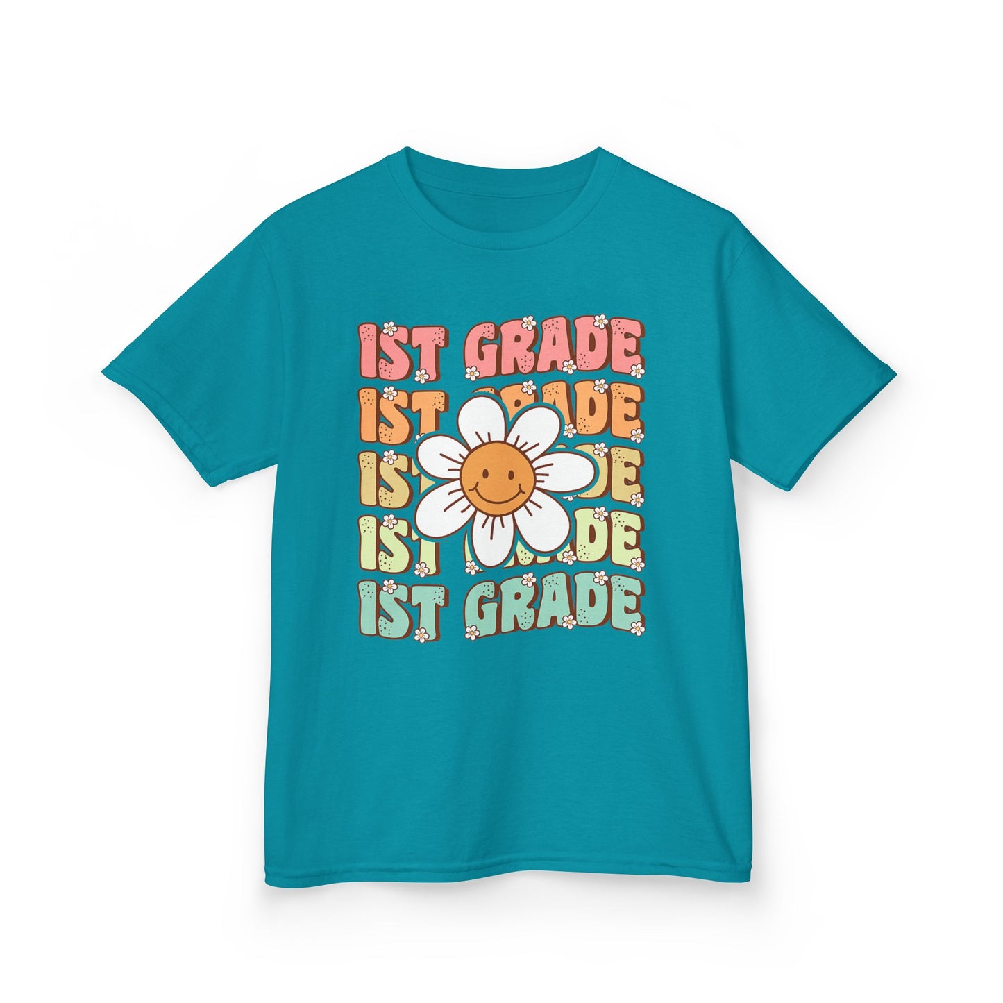 1st Grade Kids T‑Shirt — Cute Smiley Daisy Back-to-School Tee