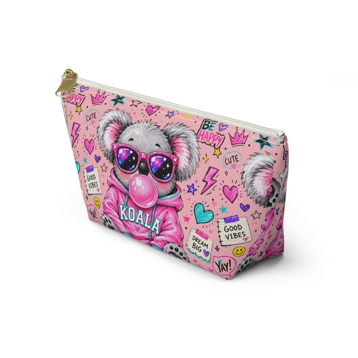 Cute Koala Bubblegum Accessory Pouch — Pink T-Bottom Makeup Bag with 'Koala' Hoodie & Good Vibes Pattern
