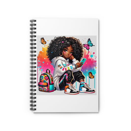 Spiral Notebook — Afro Girl with Butterfly Backpack — Cute Colorful Journal for Teens & Kids