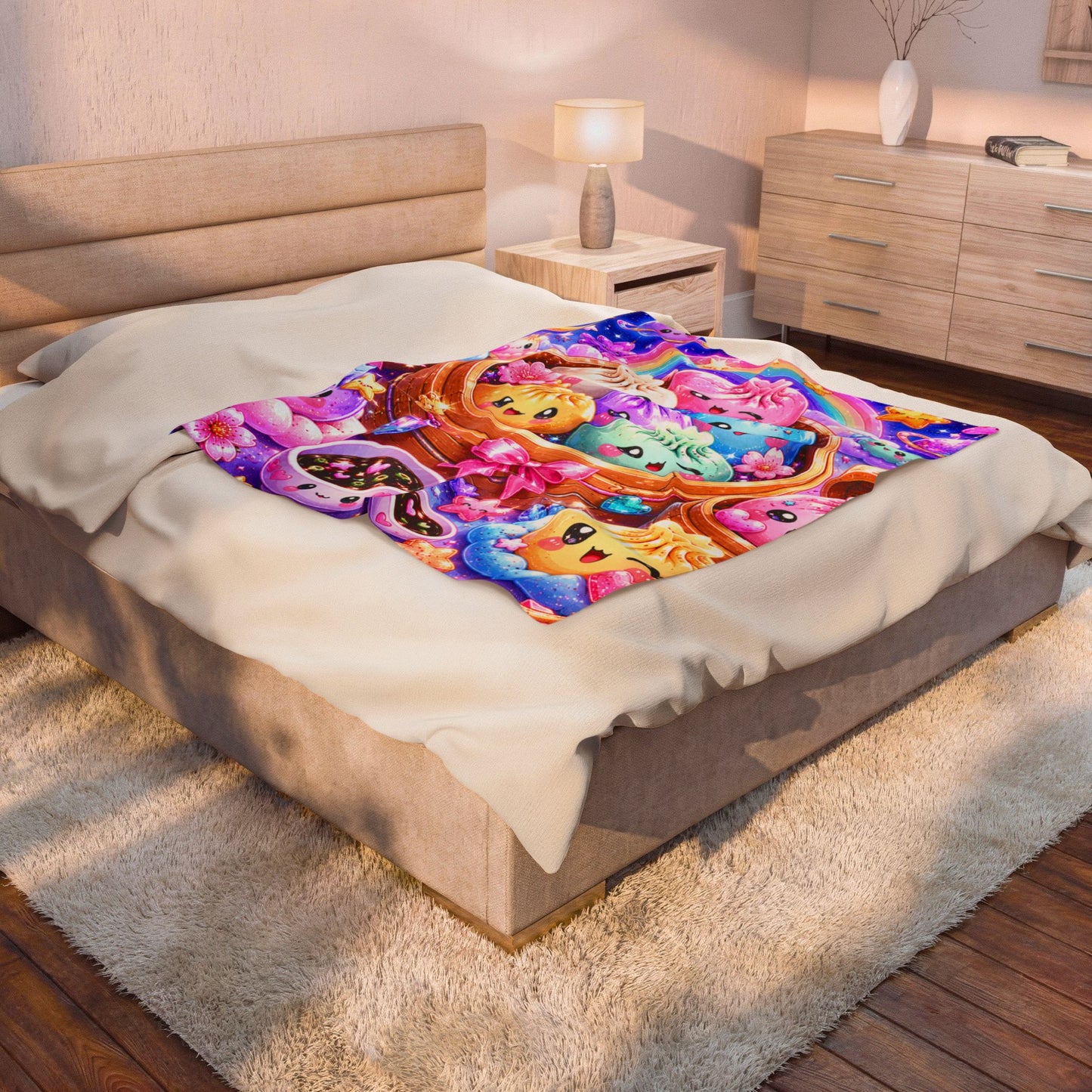 Kawaii Rainbow Dumplings Velveteen Plush Blanket — Cute Colorful Asian Food Cozy Throw