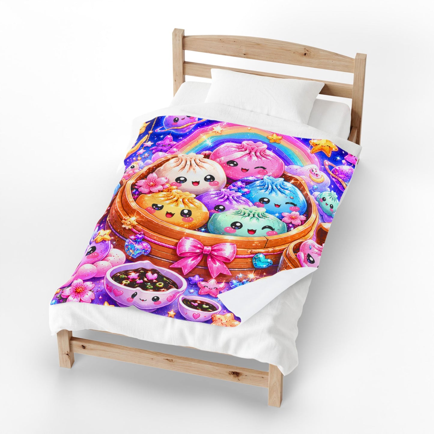 Kawaii Rainbow Dumplings Velveteen Plush Blanket — Cute Colorful Asian Food Cozy Throw