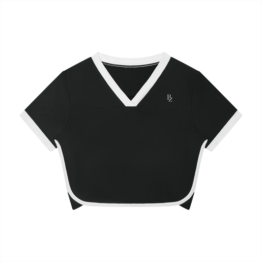 Women’s Color Block Cropped Workout Top – V-Neck Performance T-Shirt