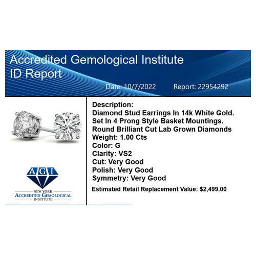 1.50 CTW Lab Grown Diamond Round Stud Earrings in 14K Solid Gold – G/vs Cert