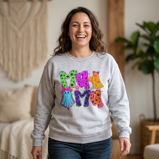 Ghost Mama Crewneck Sweatshirt — Colorful Neon Halloween Mom Pullover - Gifts for Mom - Mama Sweater - Halloween Sweater for Moms - Sweater Weather