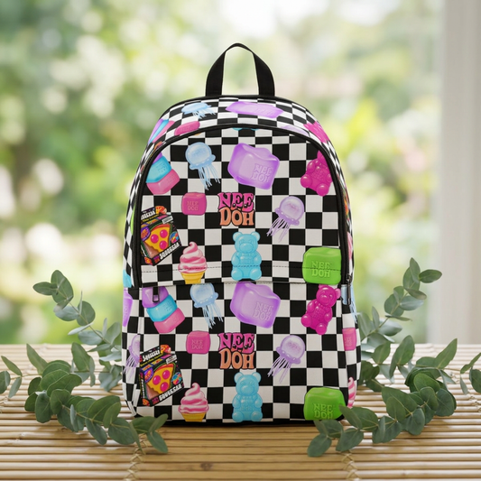 Checkerboard Candy Pattern Backpack — Cute Gummy, Ice Cream & 'Nerd Doh' Graphic School Bag