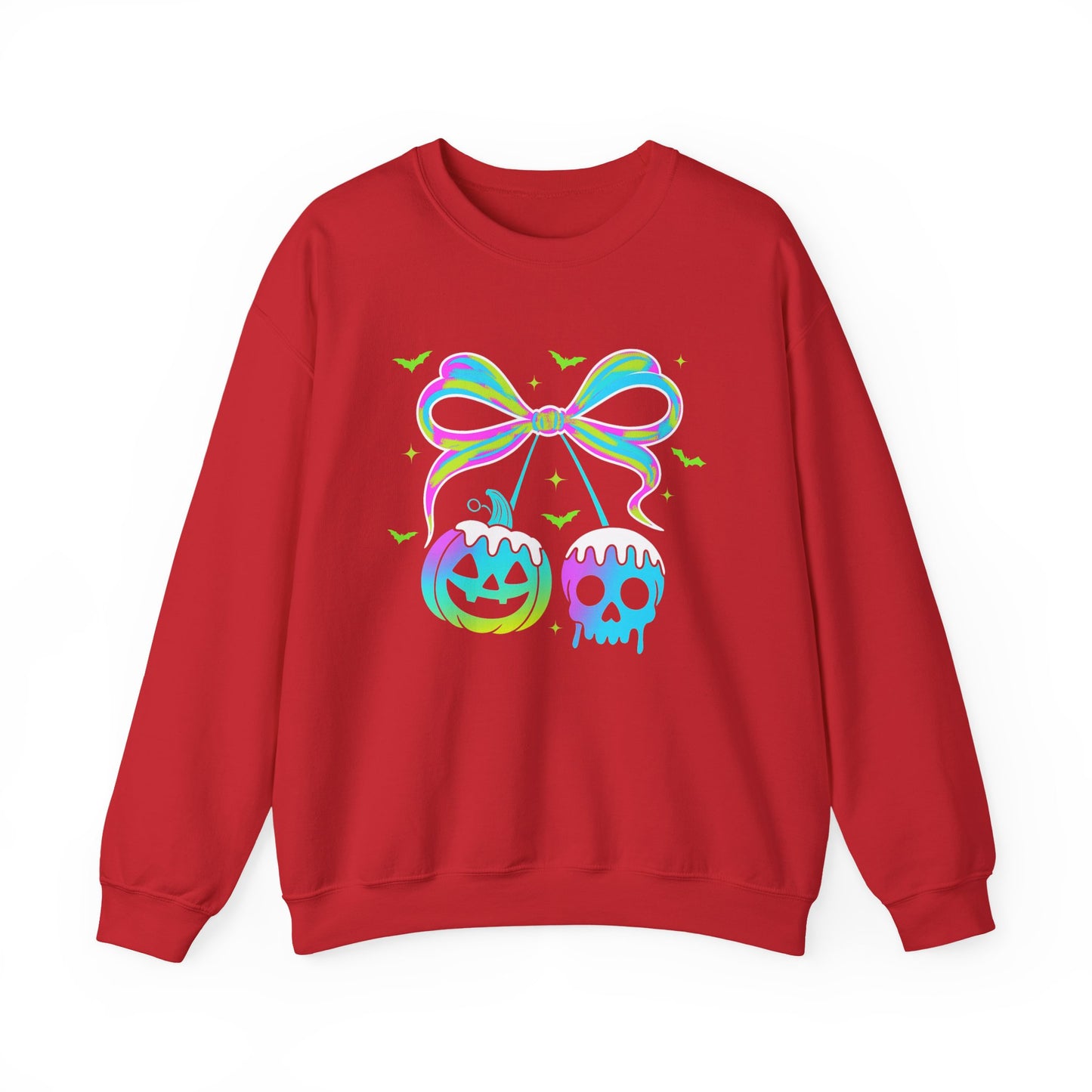 Halloween Candy Bow Sweatshirt — Neon Pumpkin & Skull Graphic- Halloween shirt - halloween sweater - halloween costume - gifts for halloween - halloween shirt