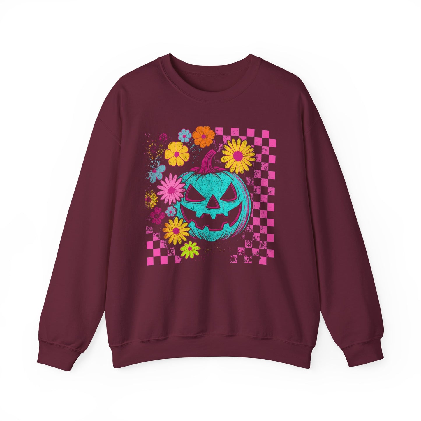 Halloween Pumpkin Crewneck Sweatshirt — Neon Jack-O'-Lantern & Floral Checkerboard - halloween sweatshirt - pumpkin sweatshirt - fall sweater - Halloween Sweater