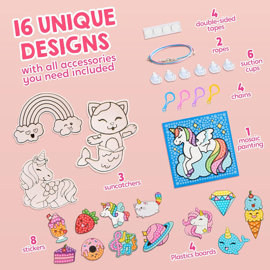 16 Projects Gem Painting, Kids Diamond Art Kit for Kids with 5D Diamond, Arts and Crafts for Girls Ages 6-12, Gem Craft Activities Kits, Premium Art Gift Ideas for Girls Ages 6, 7, 8+