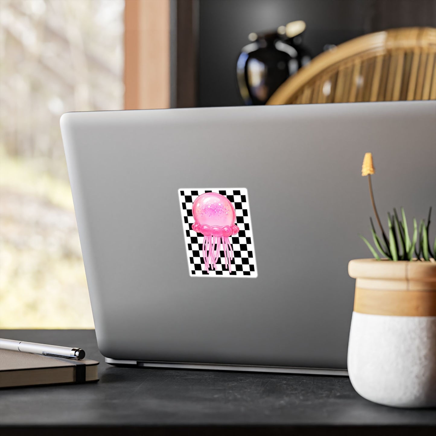 Pink Jellyfish Vinyl Sticker — Glitter Jelly on Black & White Checkered Background (Kiss-Cut Decal) - need stickers - kids squishy sticker