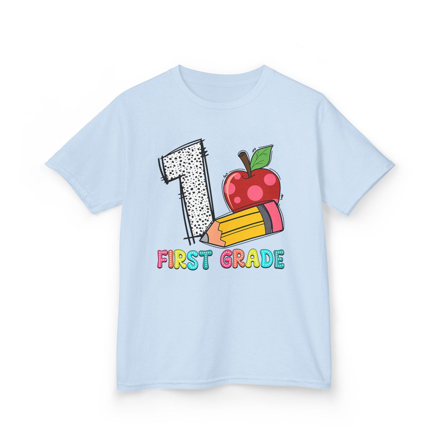 First Grade Kids T‑Shirt — Colorful '1 First Grade' Apple & Pencil Back-to-School Tee