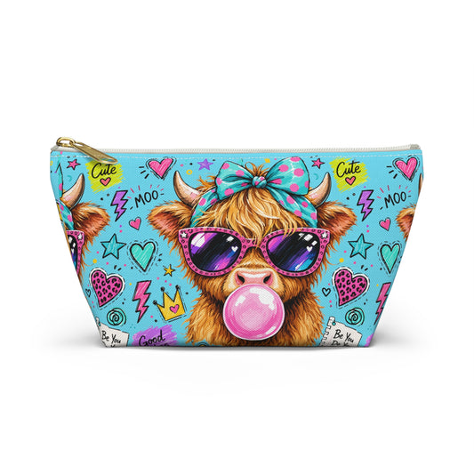 Cute Cow Bubblegum Accessory Pouch — Zippered T‑Bottom Makeup Bag