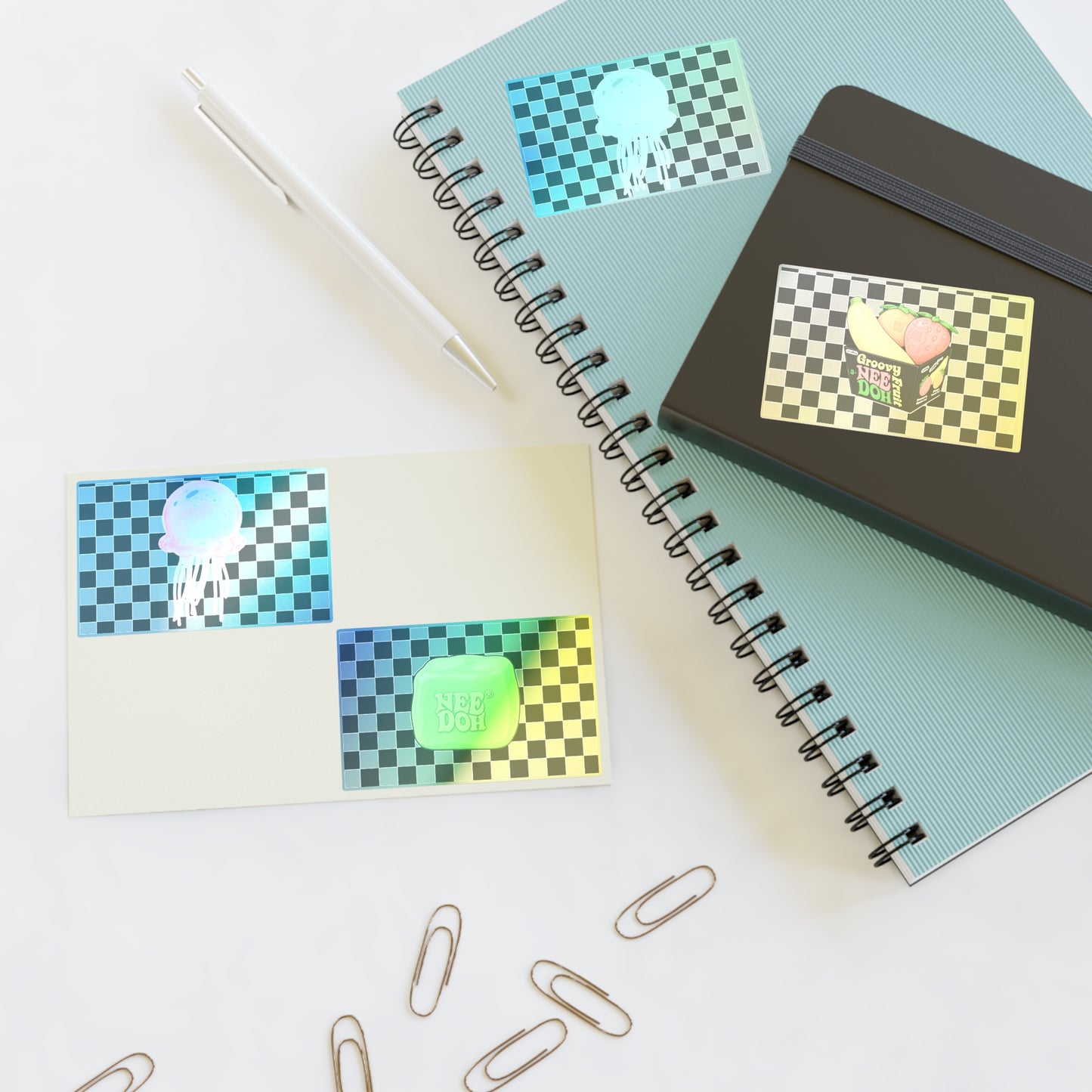 Checkerboard Jellyfish & NeeDoh Sticker Sheet — Retro Cute Decorative Stickers