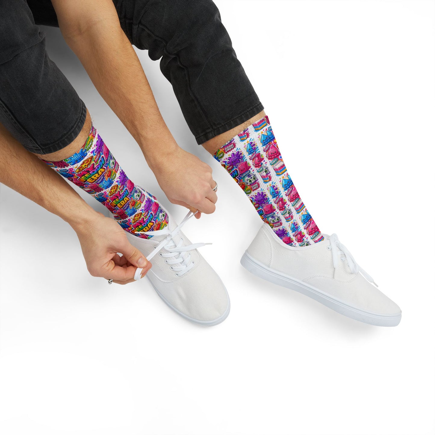 Retro Candy Pop Sublimation Socks — Colorful 90s Neon Pattern Crew Socks