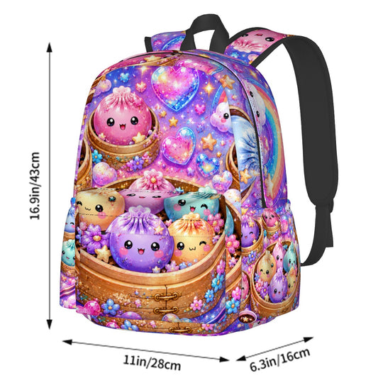 Cute Kawaii Dumpling Pattern Backpack — Colorful Pastel Moon & Stars School Bag