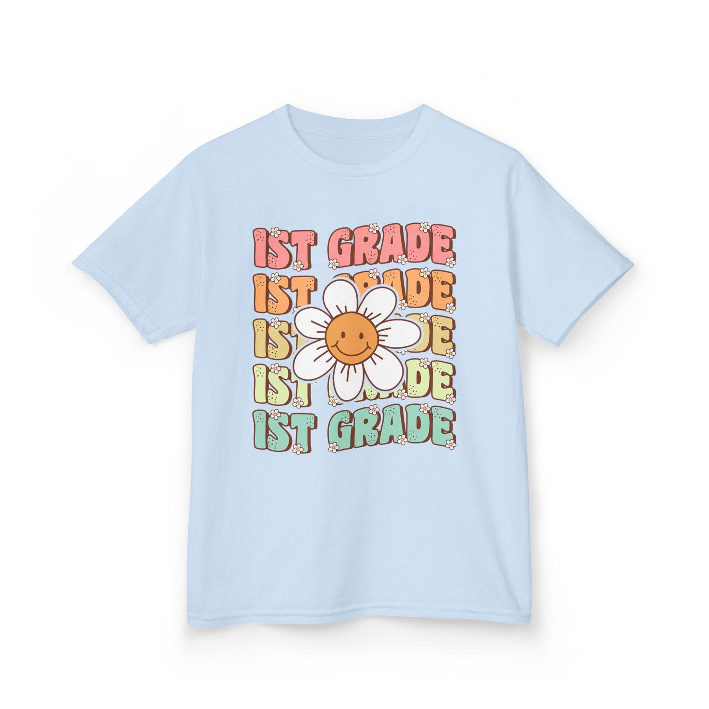 1st Grade Kids T‑Shirt — Cute Smiley Daisy Back-to-School Tee
