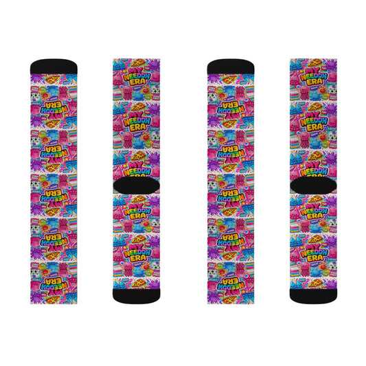 Retro Candy Pop Sublimation Socks — Colorful 90s Neon Pattern Crew Socks