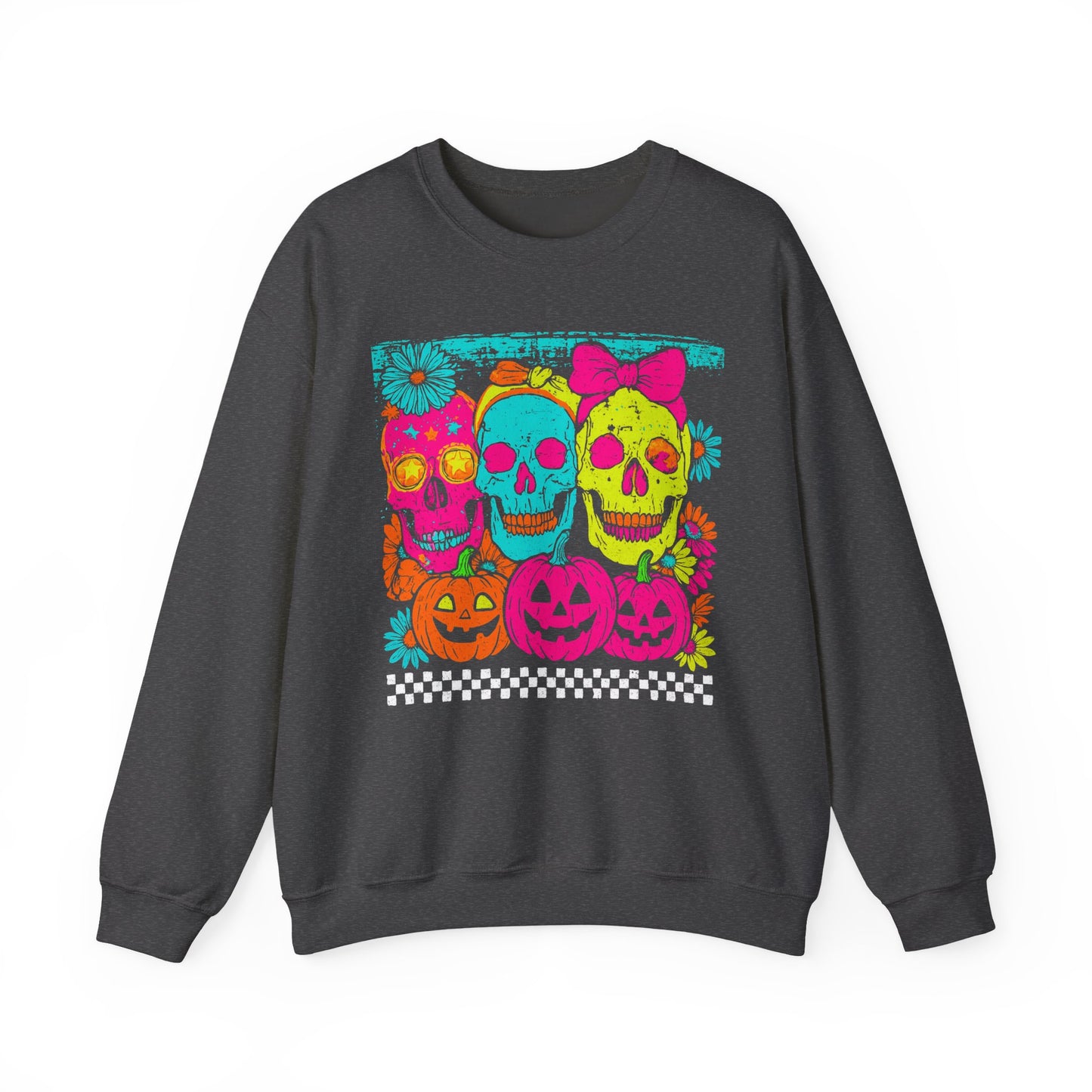 Neon Day of the Dead Sweatshirt — Colorful Skull & Pumpkin Halloween Crewneck - Halloween Sweater - Halloween Sweatshirts- Gifts for Mom